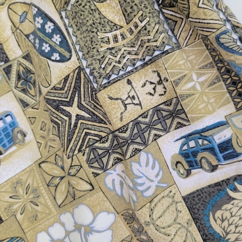 VTG Mens L Brown Tribal Geometric Surfboard Van Pineapple Aloha Camp Shirt Beach
